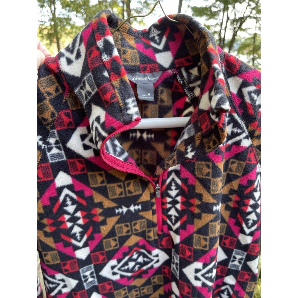 Eddie Bauer 1/4 Zip Fleece Geometric Tribal Pullover Black Red Ladies Medium